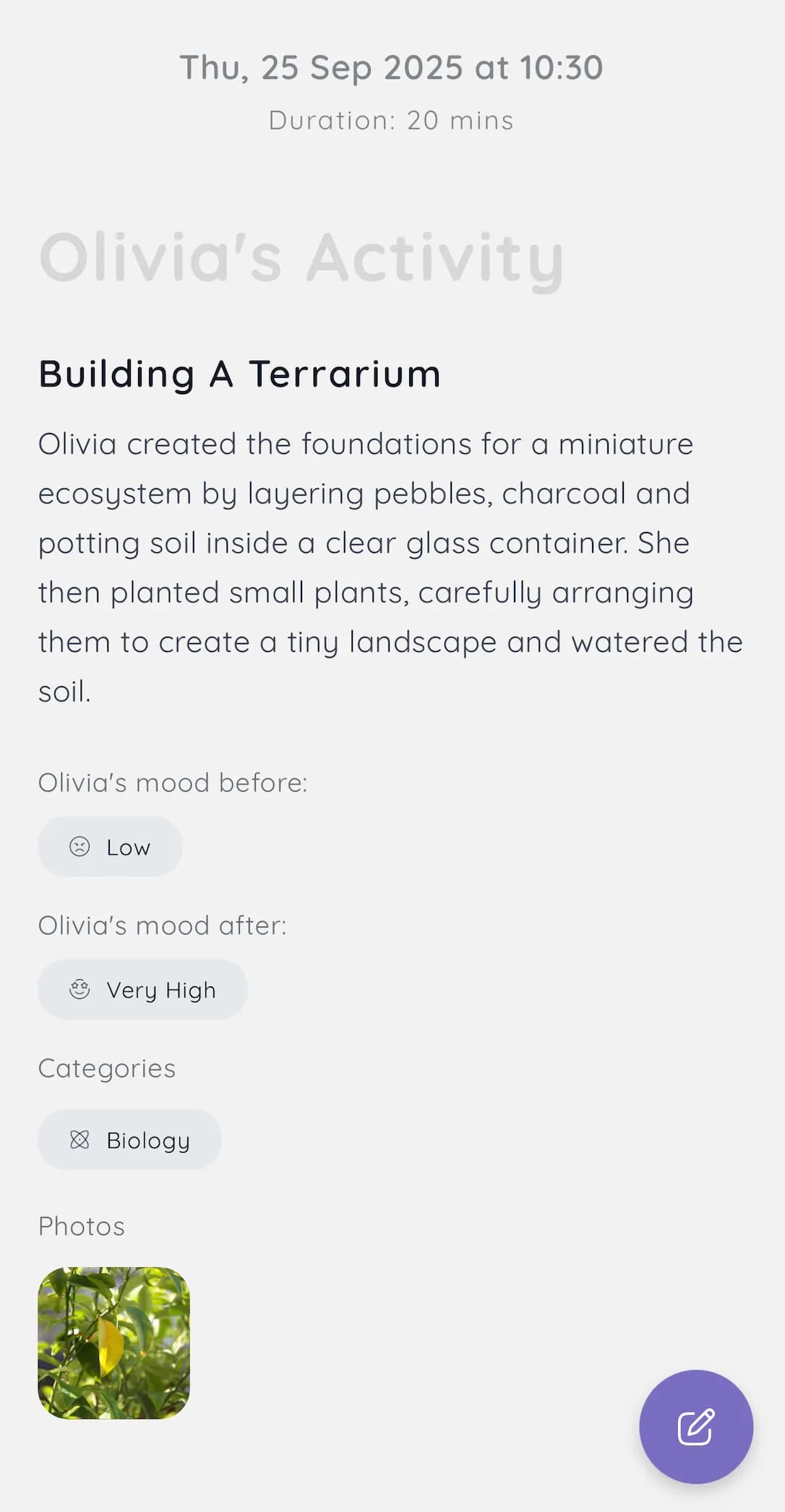Homeschool tracker app showing activity log with subjects, photos, and progress tracking