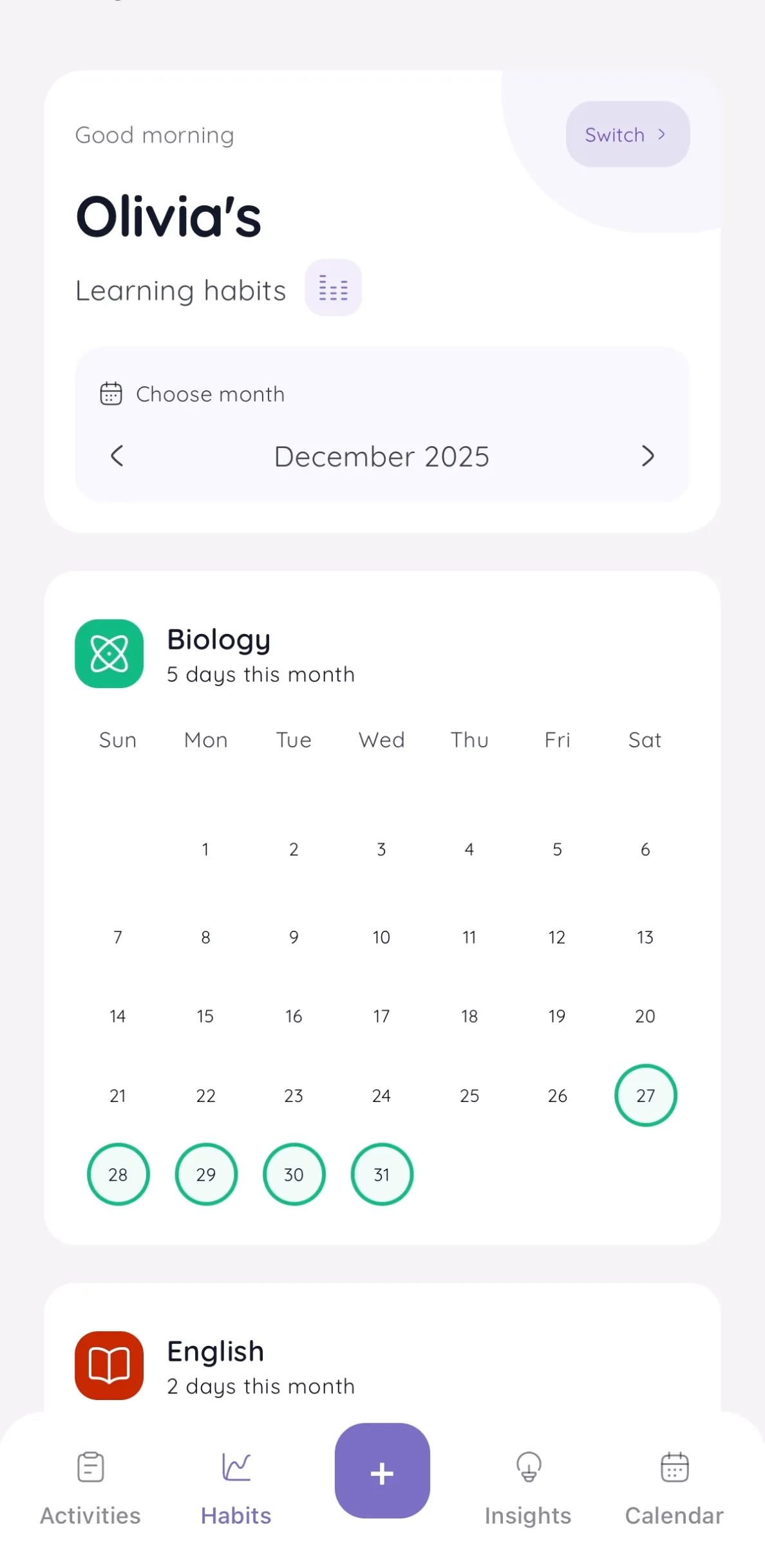 Habits calendar view showing learning activity patterns